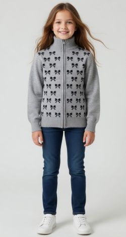 Gray zip-up sweater with bows for girls