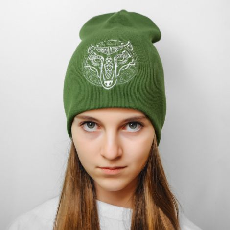 Hat with a green wolf