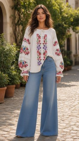 Women's linen embroidered blouse with traditional cross-stitch embroidery Bloom of Life  - Image 4
