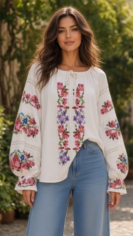 Women's linen embroidered blouse with traditional cross-stitch embroidery Bloom of Life 