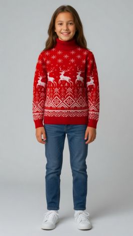 Kids and Teen Sweater with Deer in Red for Girl: Festive Christmas Design