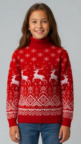 Kids and Teen Sweater with Deer in Red for Girl: Festive Christmas Design