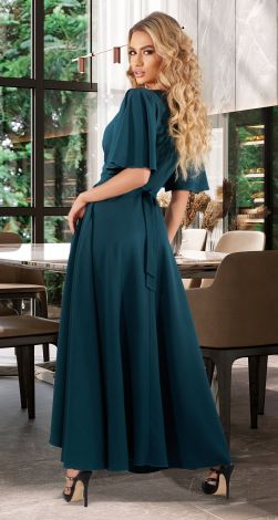 Teal wrap maxi evening dress with fabric belt and high slit - Image 4