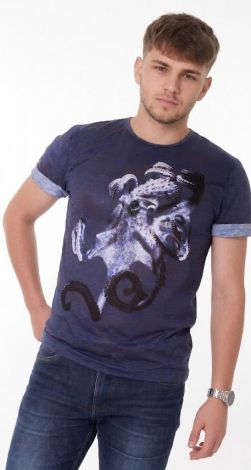 Men's Blue T-Shirt with Octopus Print and Cuffed Sleeves