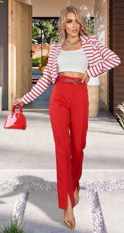 Red trousers with slits