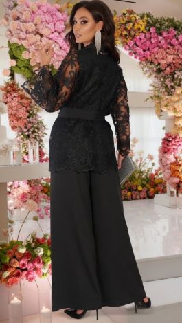 Women's Elegant 3-Piece Plus Size Evening Trouser Suit with Luxurious Embroidered Lace Black